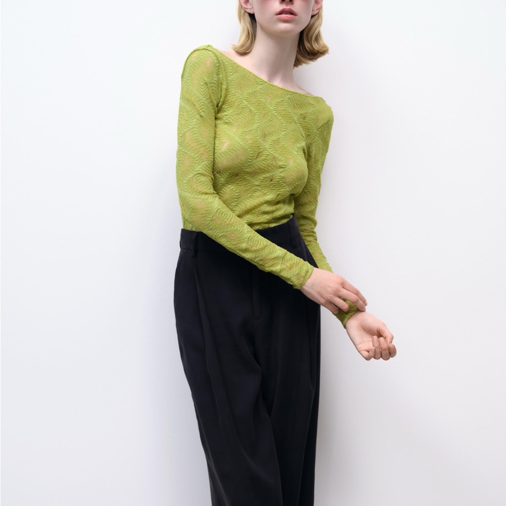 Zara - Pistachio Lace - Low Back - Boat Neck - Long Sleeve Top - Size Small (S)